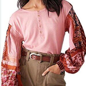 Free People Light Magic Henley Blouse Top Pink Oversized Cotton XS NWOT